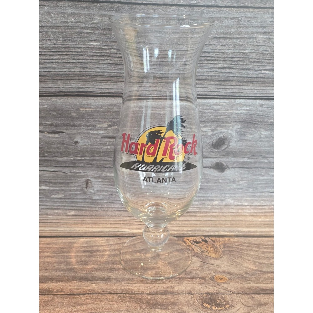 Hard Rock Cafe Atlanta Hurricane Souvenir Glass Clear Footed Barware Logo